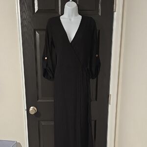 mts Black Wrap Maxi Dress with Button-Tab Sleeves